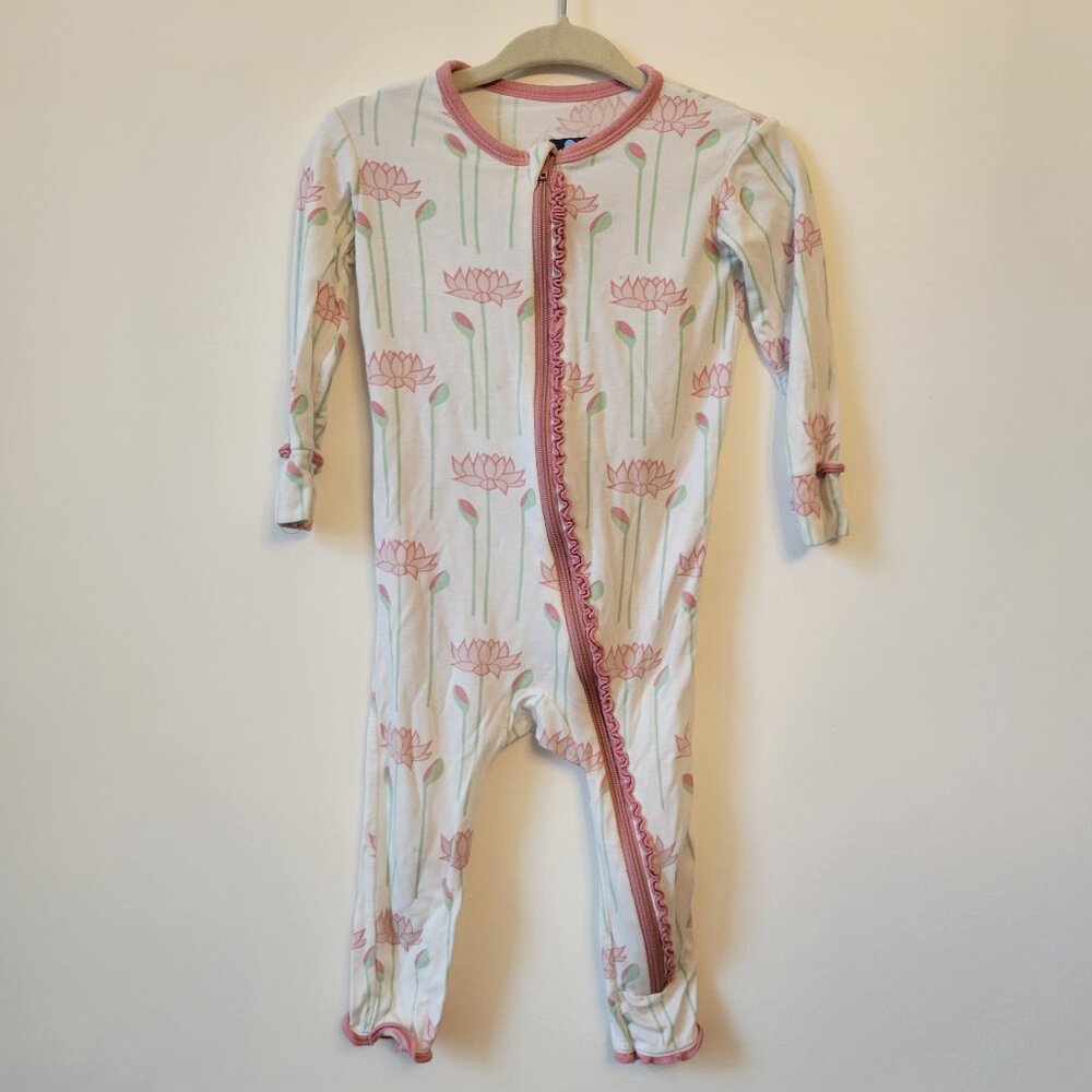 KIC KEE PANTS Girl one piece zip up ruffled pajama white lotus mint green mauve